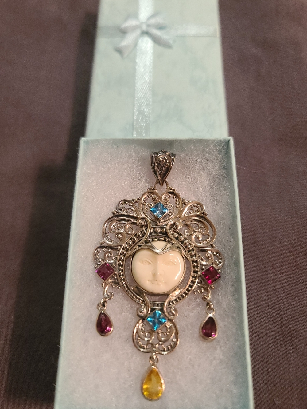 Beautiful Ornate Indonesian Carved Moon Face Multi Gem Pendant 925 Stamped Siver - Picture 13 of 14